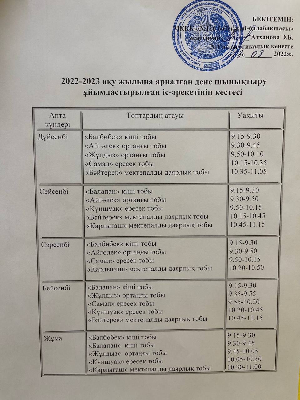 Дене шынықтыру ұйымдастырылған іс-әрекеттің кестесі