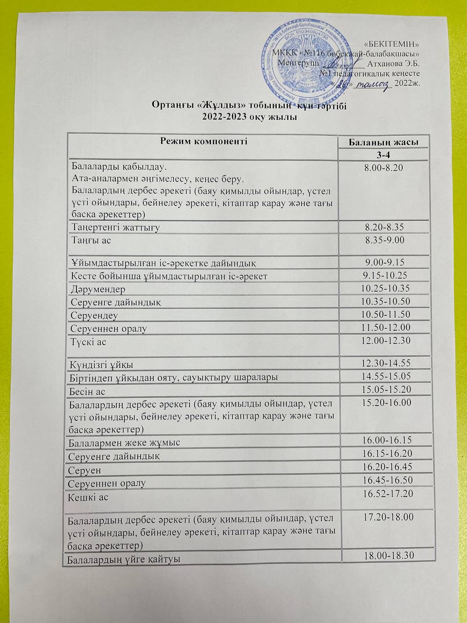 ортаңғы "Жұлдыз" тобының күн тәртібі