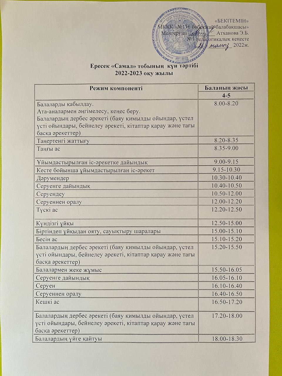 ересек "Самал" тобының күн тәртібі