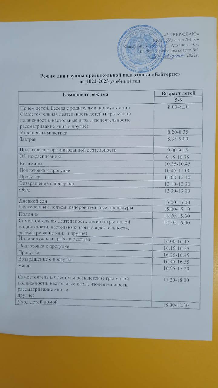 Режим дня предшкольной группы "Бәйтерек"